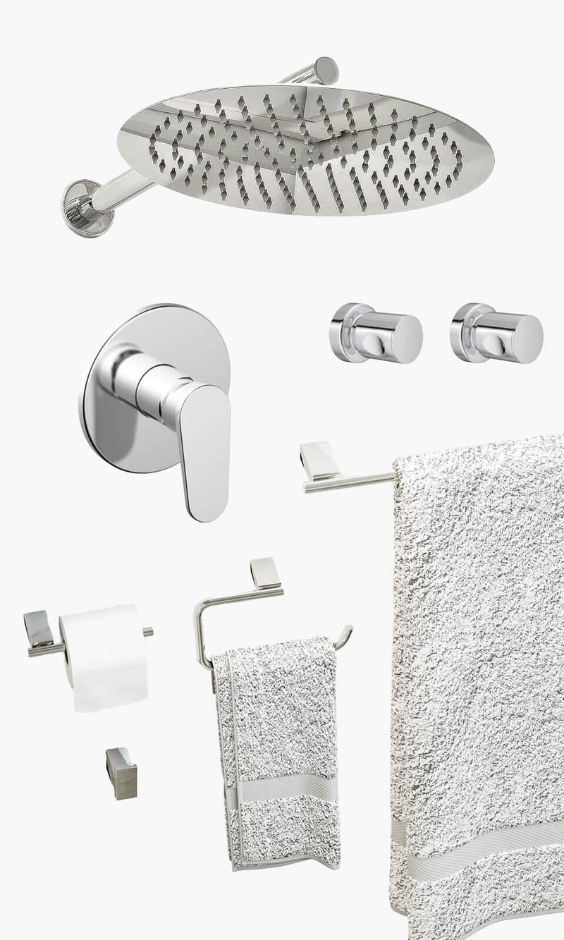 Kit Área de Banho - Cromado - Round - Registro Monocomando com Base e Acessóri