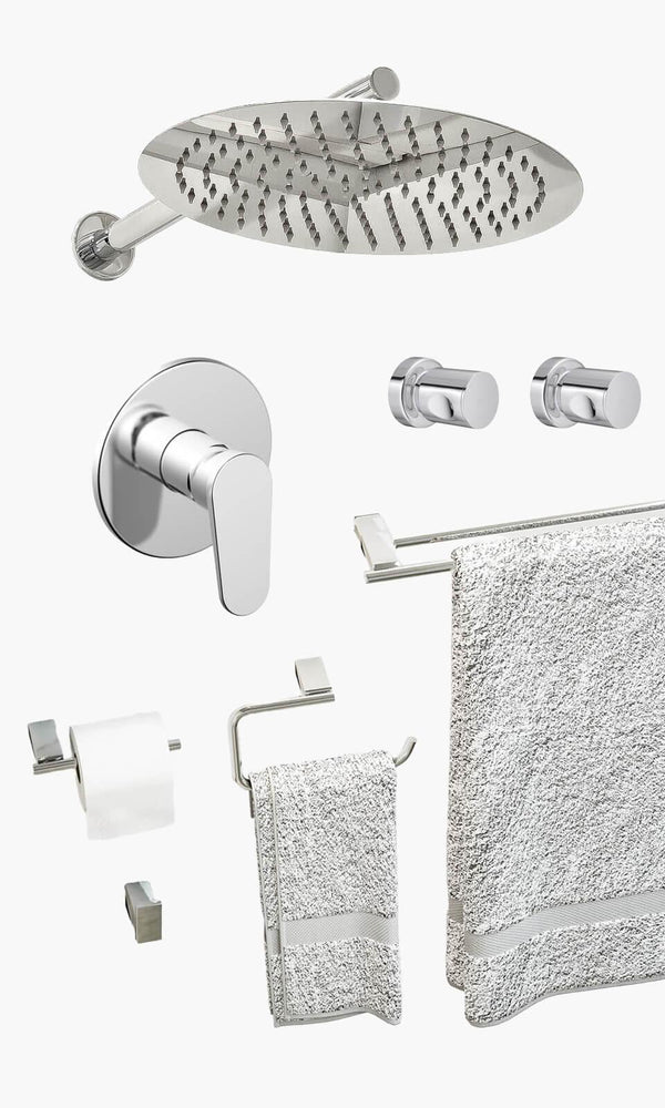 Kit Área de Banho - Cromado - Round - Registro Monocomando com Base e Acessóri