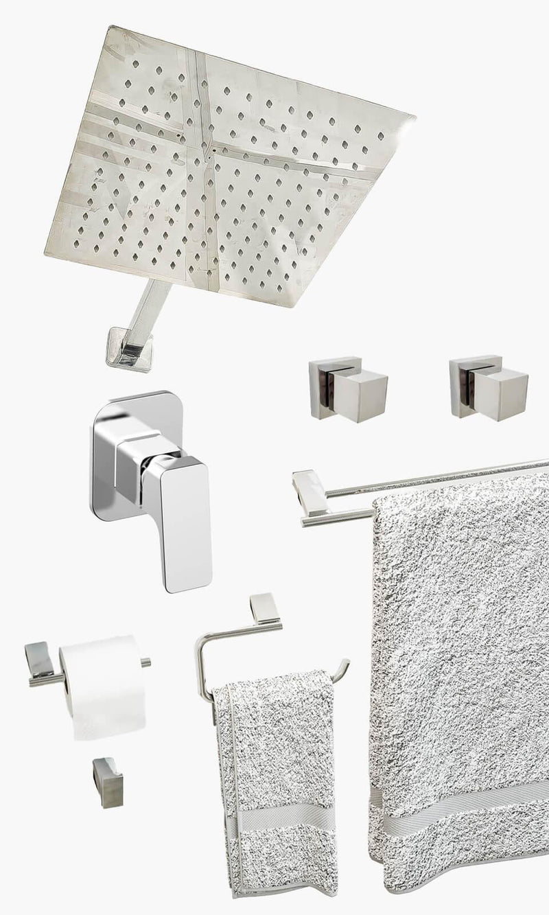 Kit Área de Banho - Cromado - Square - Registro Monocomando com Base e Acessór
