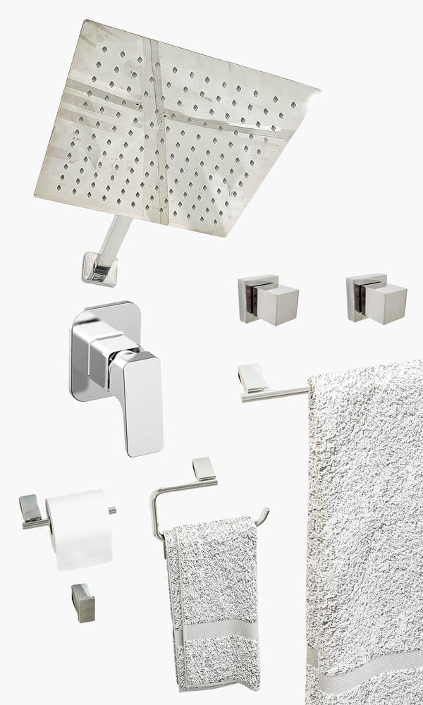 Kit Área de Banho - Cromado - Square - Registro Monocomando com Base e Acessór