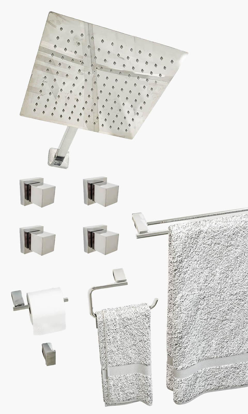 Kit Área de Banho - Cromado - Square - Registro Simples e Acessórios Atlantis