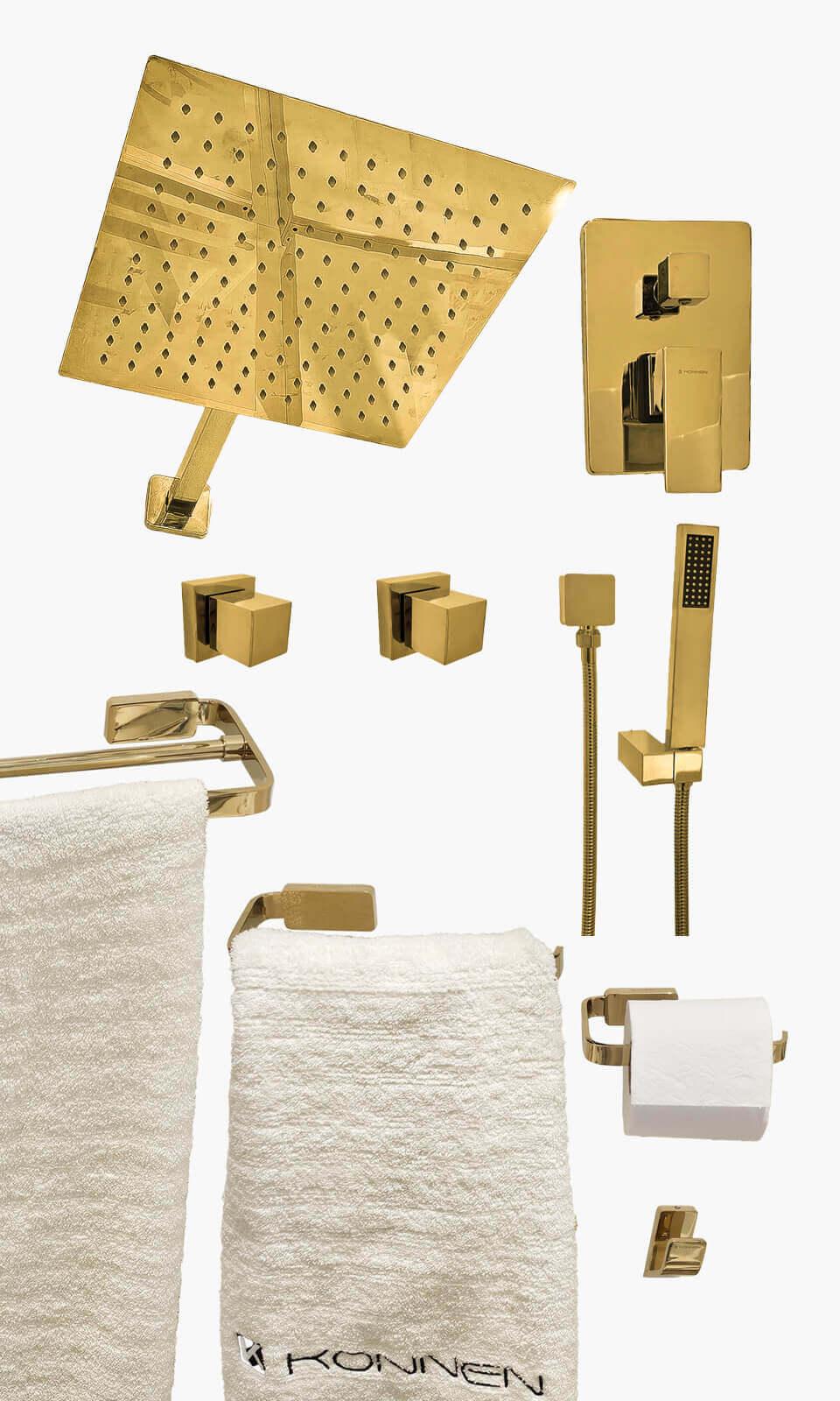 Kit Área de Banho - Dourado - Square - Registro Monocomando com Ducha Manual Mondo Mio