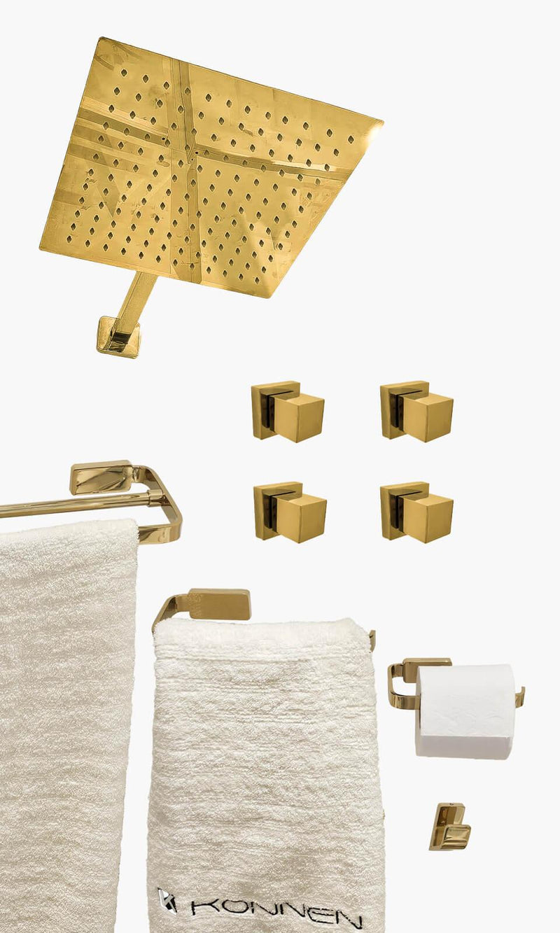 Kit Área de Banho - Dourado - Square - Registro Simples e Acessório Maya Duplo