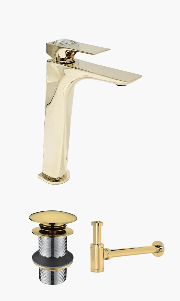Kit Lavatório - Dourado - Torneira Bica Alta Crystal com Válvula Click e Sifã