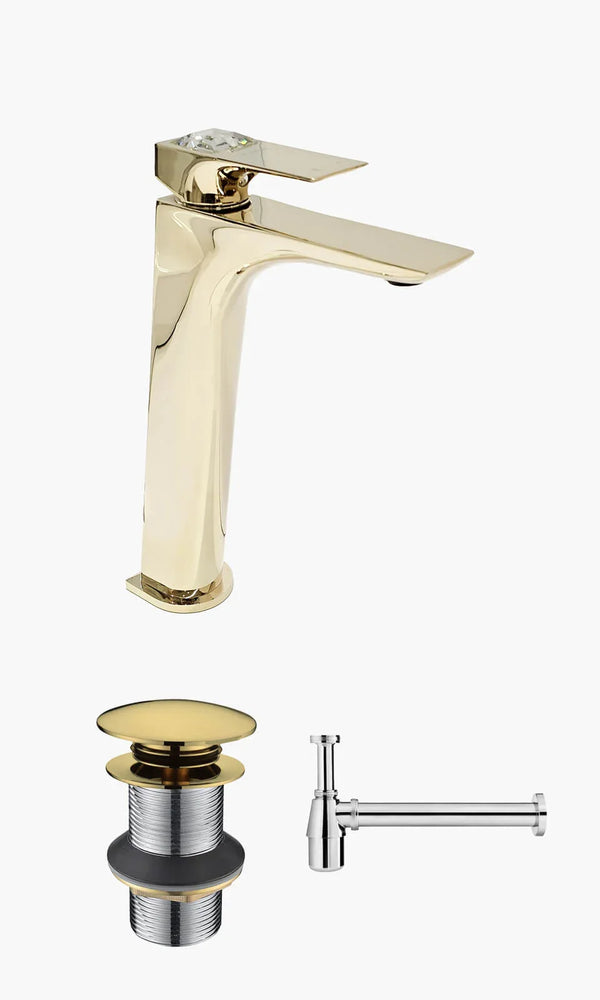 Kit Lavatório - Dourado - Torneira Bica Alta Crystal com Válvula Click e Sifã