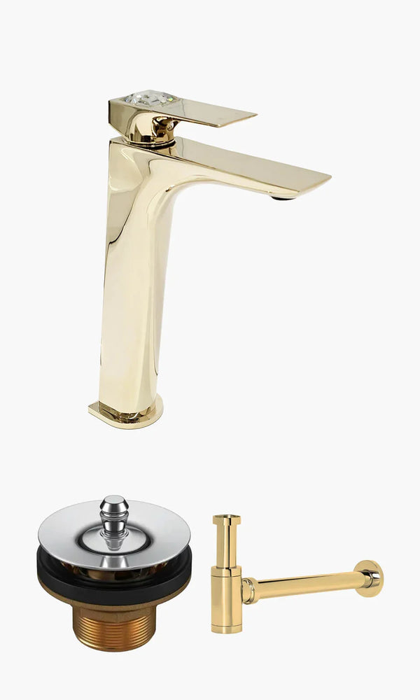 Kit Lavatório - Dourado - Torneira Bica Alta Crystal com Válvula Universal e S