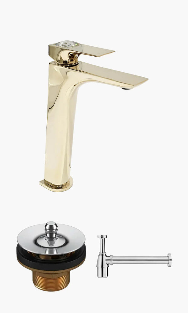 Kit Lavatório - Dourado - Torneira Bica Alta Crystal com Válvula Universal e S