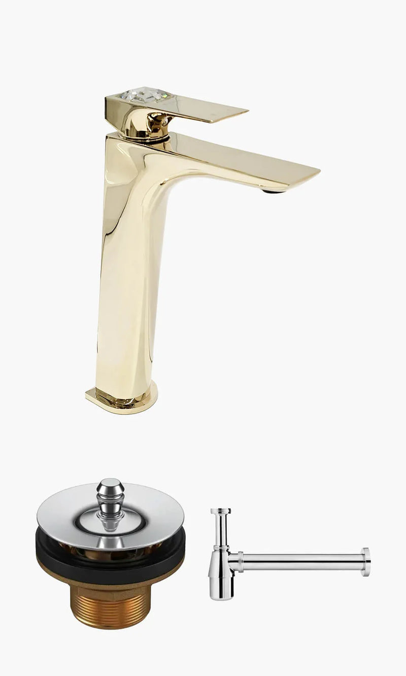 Kit Lavatório - Dourado - Torneira Bica Alta Crystal com Válvula Universal e S