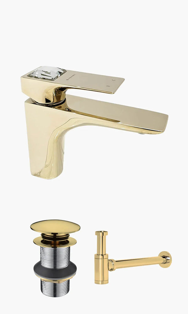 Kit Lavatório - Dourado - torneira Bica Bbaixa Crystal com Válvula Click e fifão Aparente