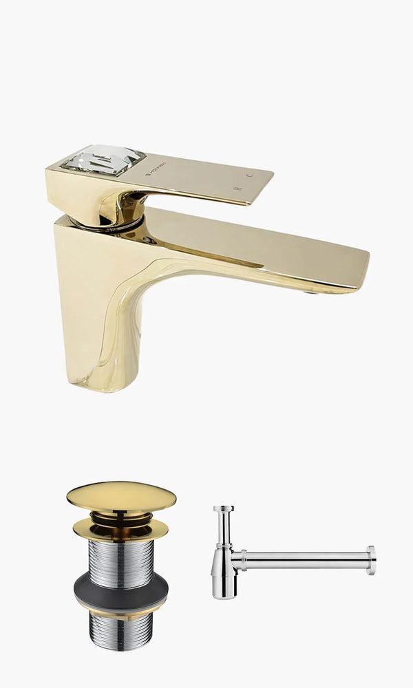 Kit Lavatório - Dourado - Torneira Bica Baixa Crystal com Válvula Click e Sifão Simples