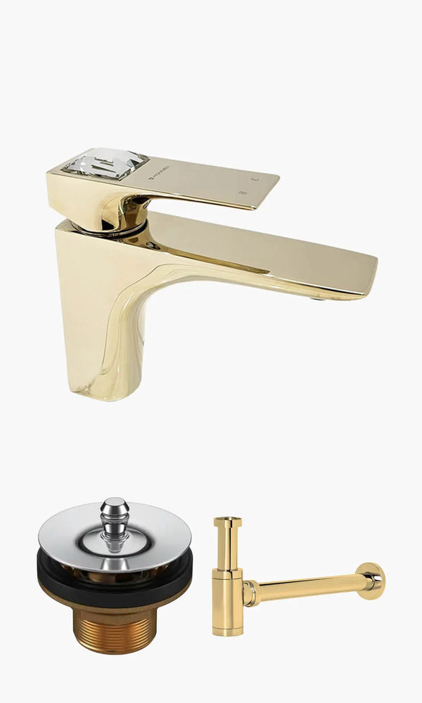 Kit Lavatório - Dourado - Torneira Bica Baixa Crystal com Válvula Universal e