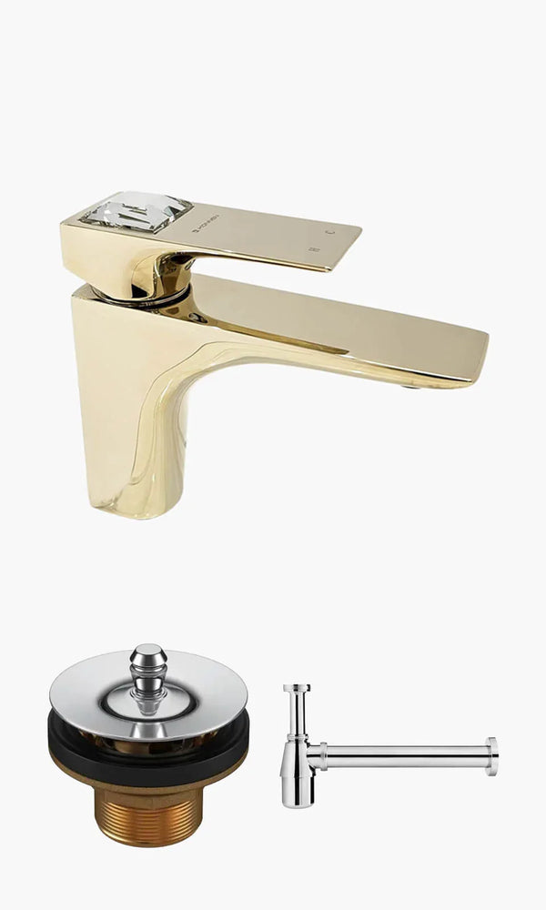Kit Lavatório - Dourado - Torneira Bica Baixa Crystal com Válvula Universal e